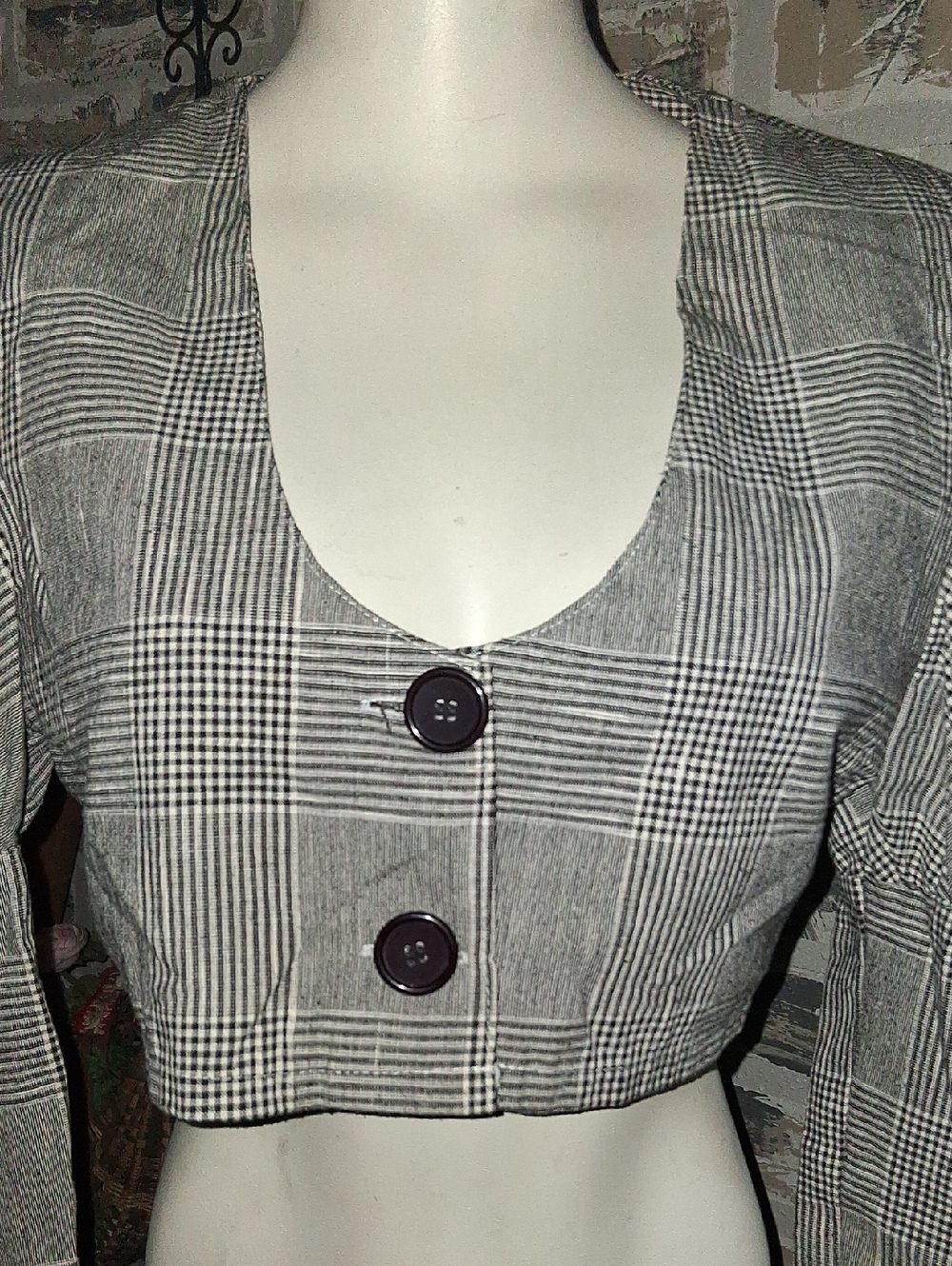 🦄Jenn Hsing Vintage Plaid Cropped Button-Front Jacket - Black/Gray - Picture 3 of 7